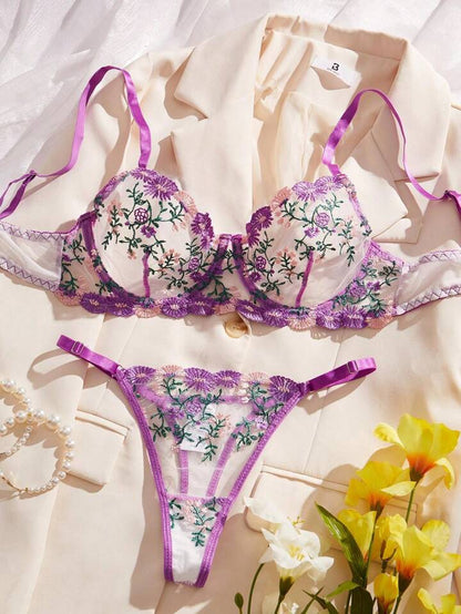 purple lingerie set sheer floral embroidery