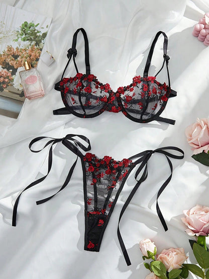 red and black floral lingerie set see through