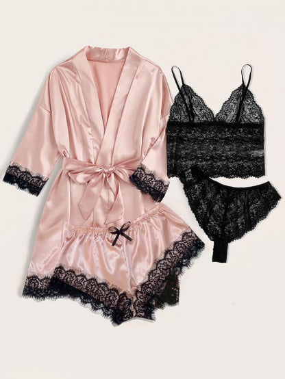 Pink Silk Satin Belted Robe with matching lingerie set