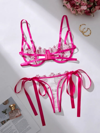 pink lingerie set bow straps