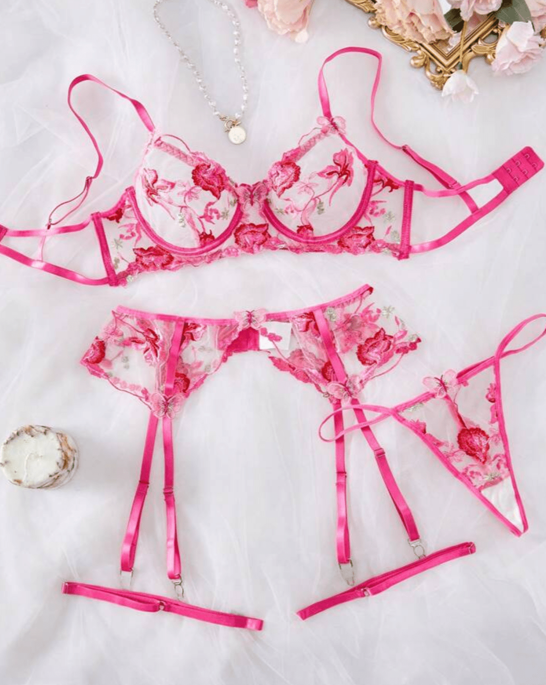 hot pink lace lingerie set with garter