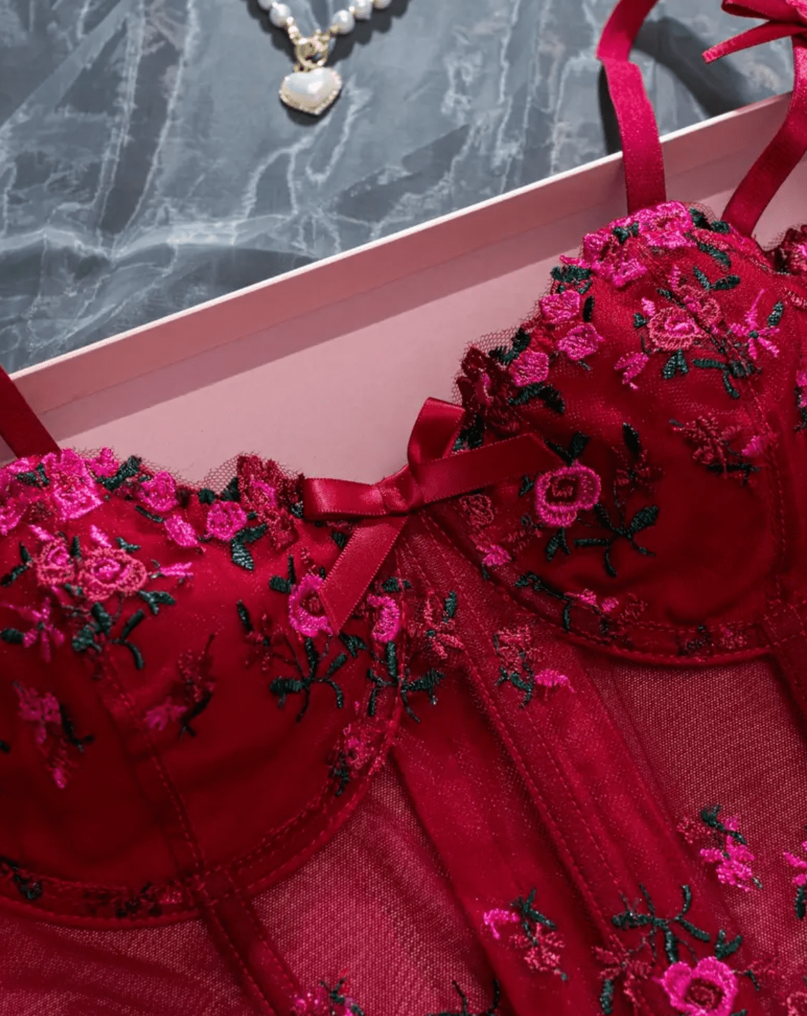 sheer red corset floral embroidery