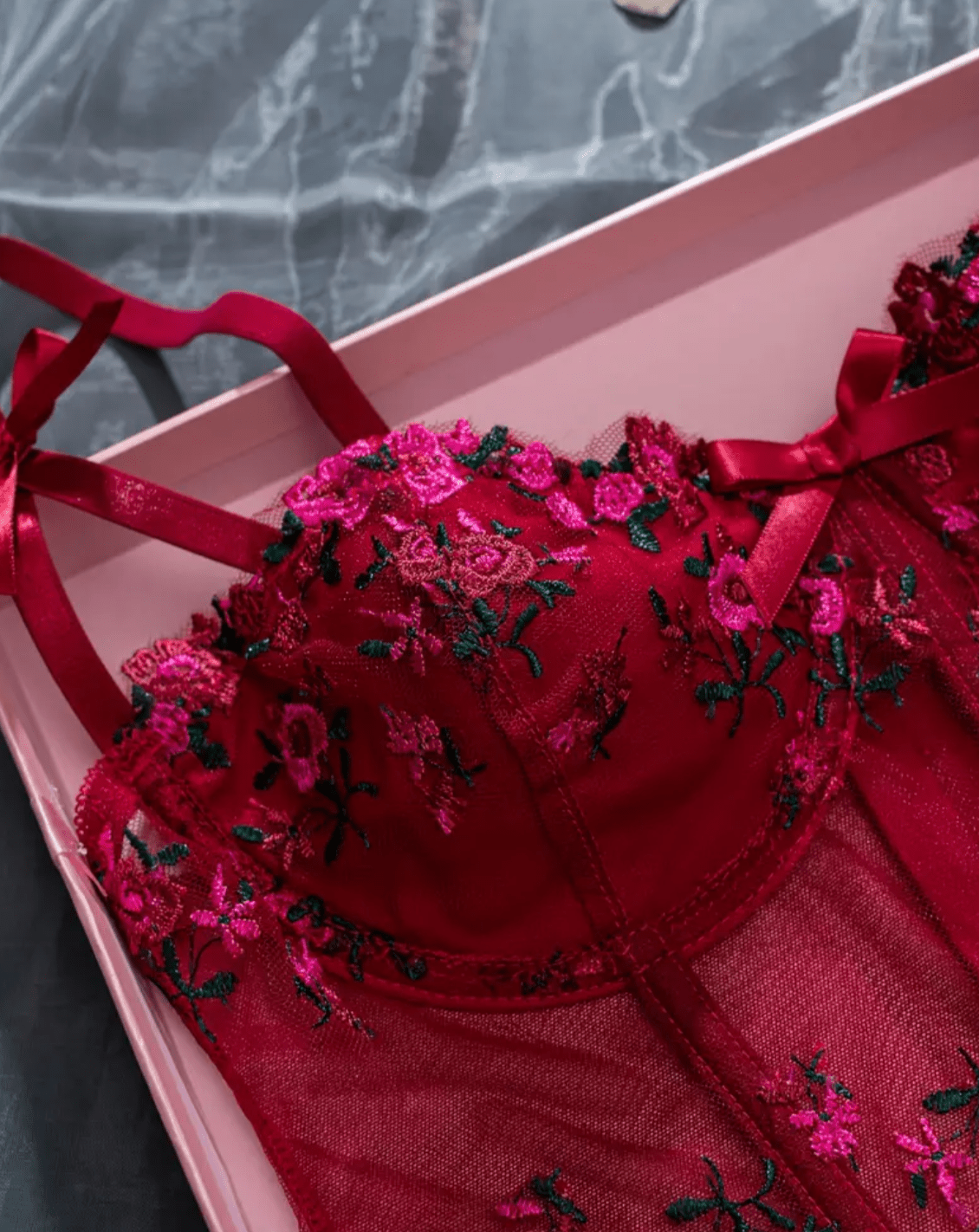 sheer corset red floral embroidery