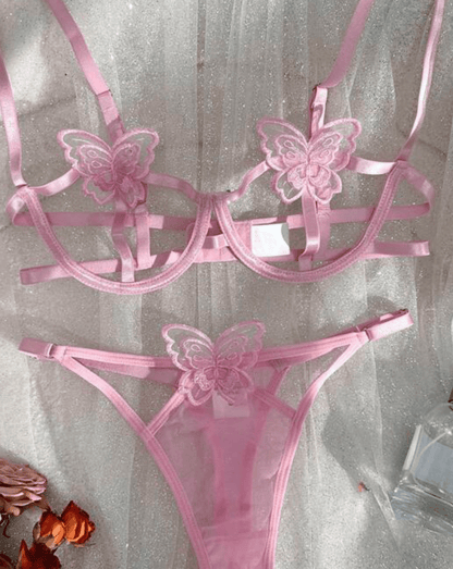 pink lingerie set soft pink butterfly embroidery