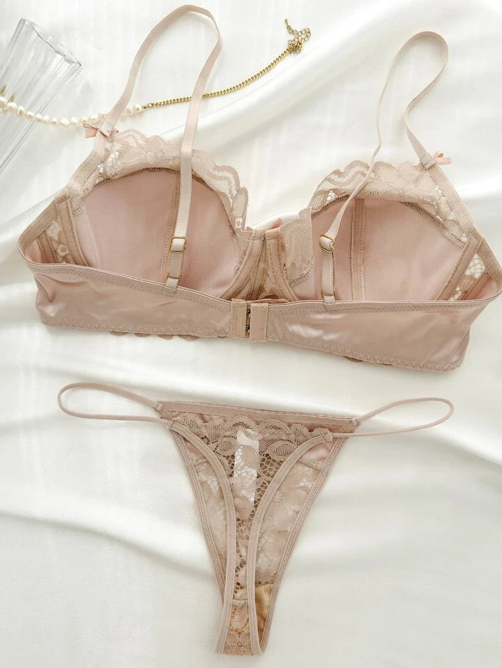 beige lace silk lingerie set