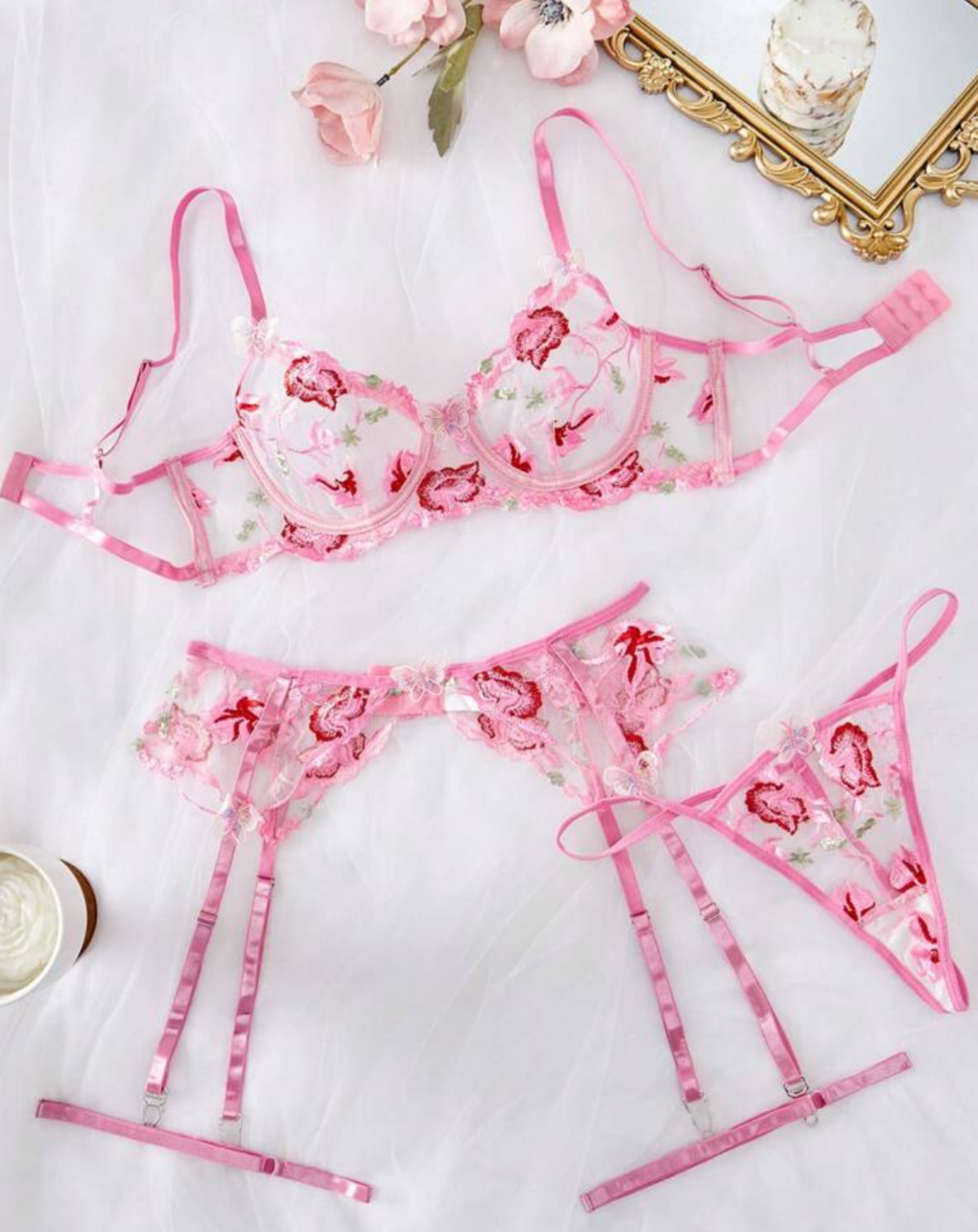 pink lace lingerie embroidered set garter