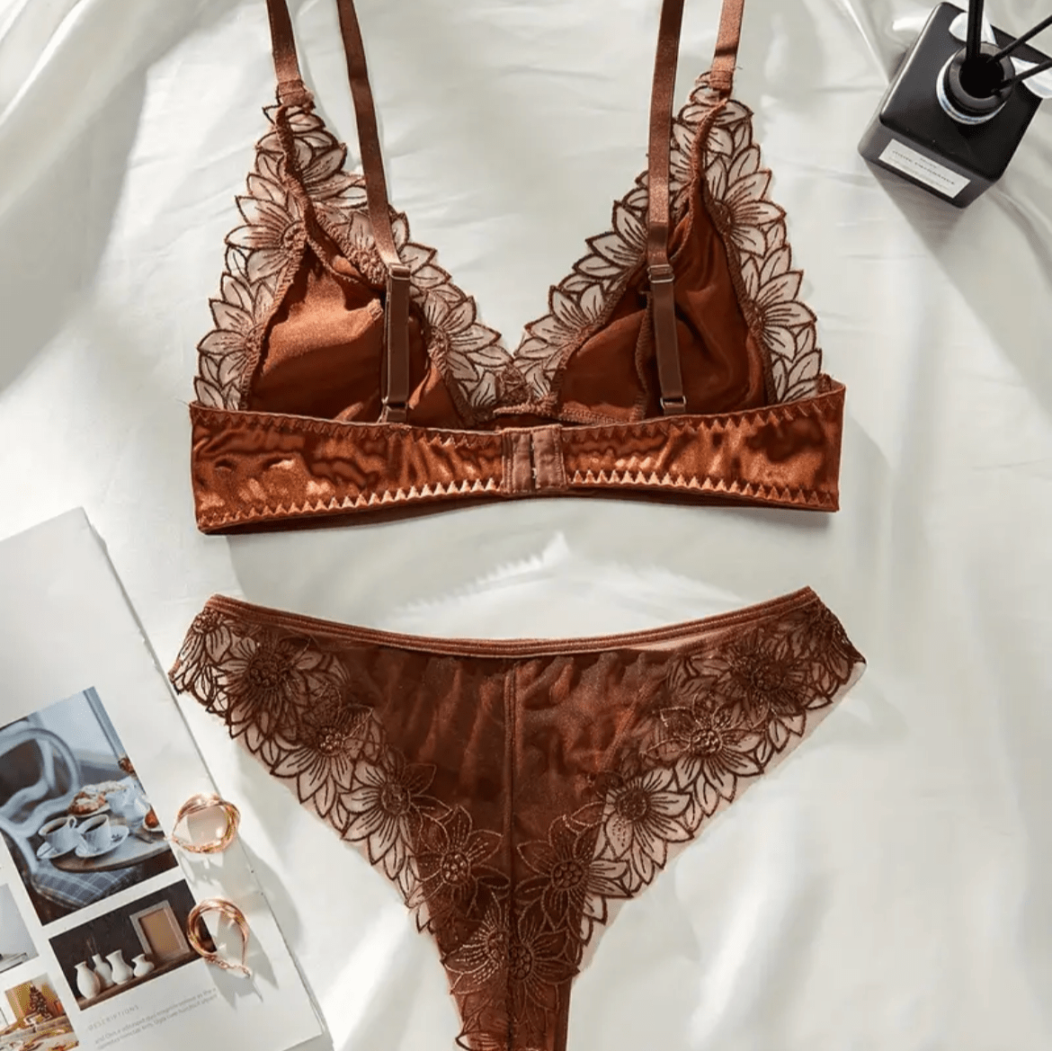 Silk Brown Lingerie Set Embroidered