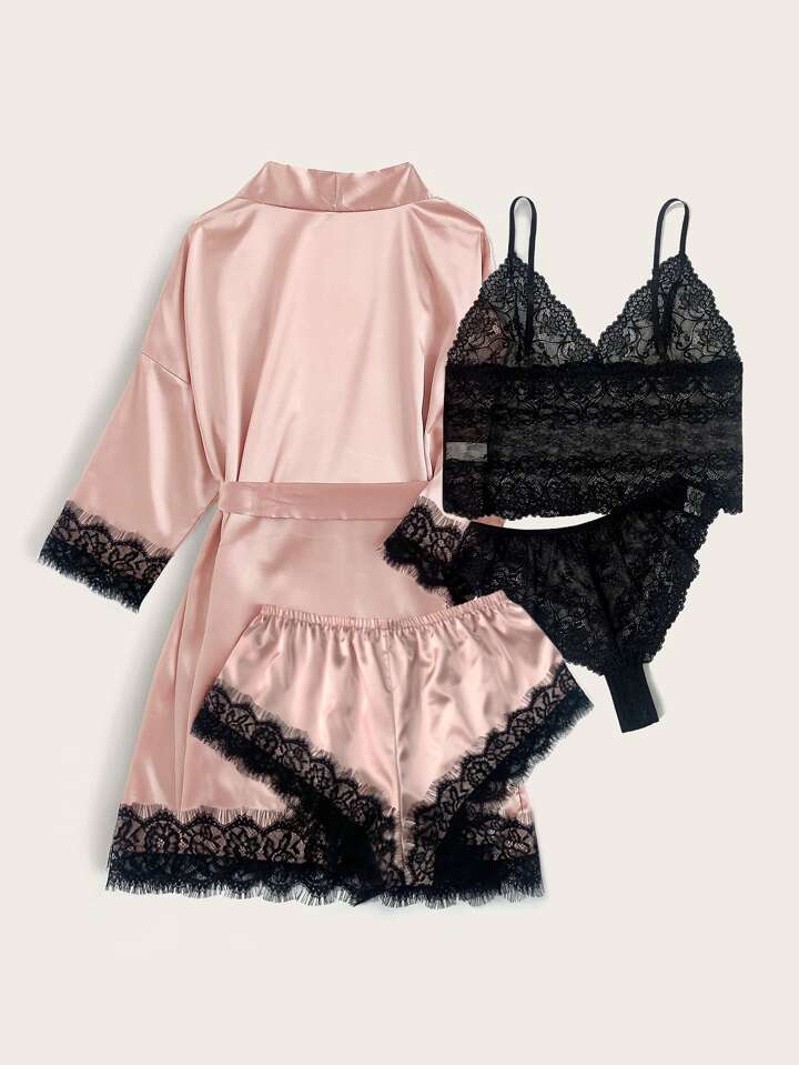 Pink Lace Lingerie Sleepwear With Silk Satin Belted Robe