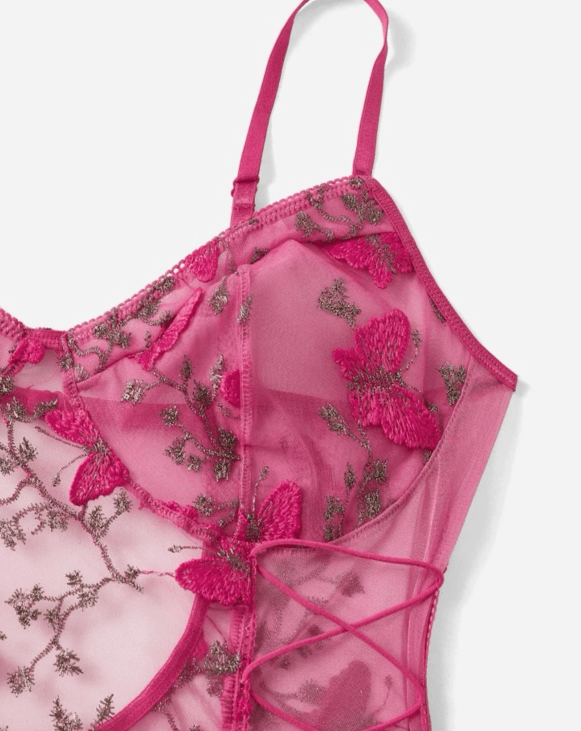 pink lace bodysuit sheer embroidery