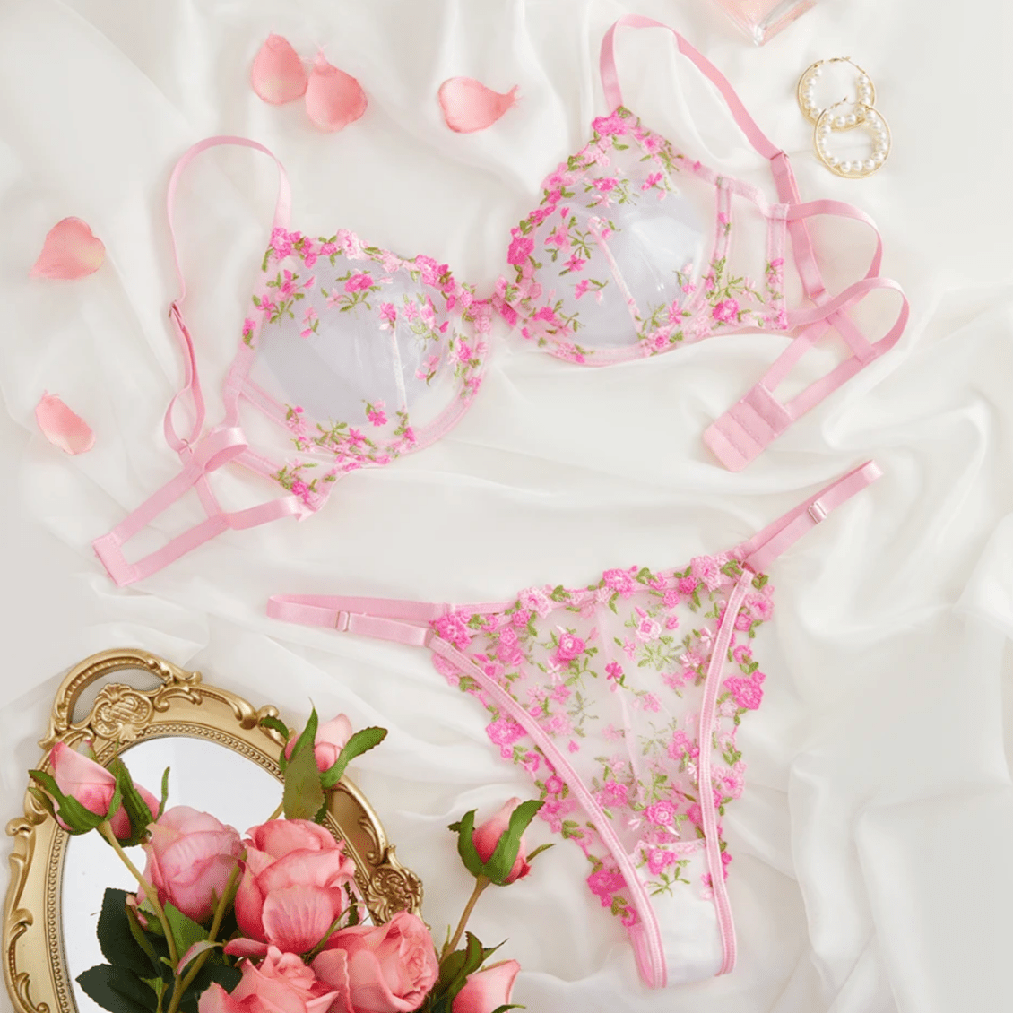 pink lingerie floral embroidered sheer