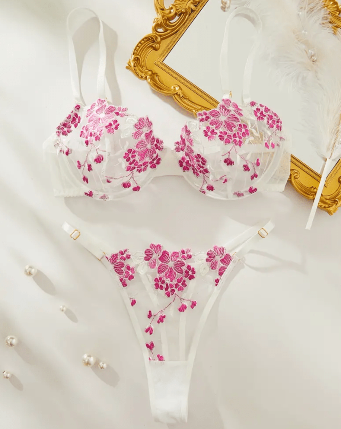white lingerie set with pink embroidery
