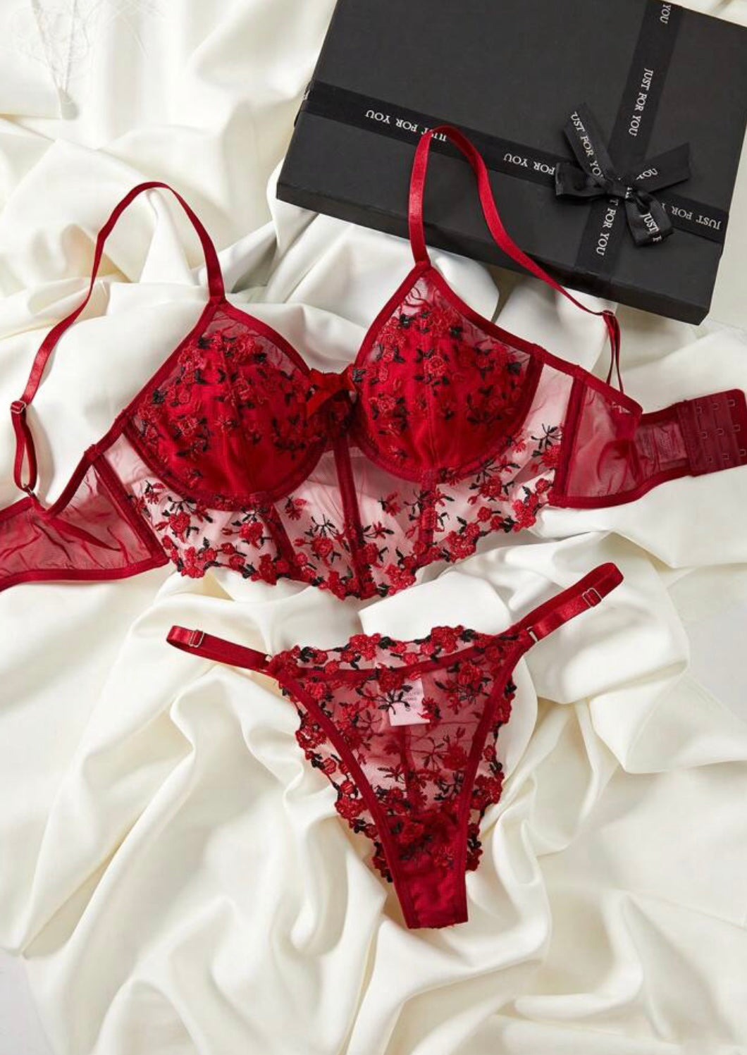 Red lingerie set floral embroidery corset