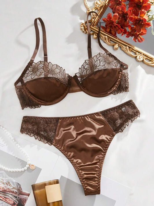 brown lingerie silk set 