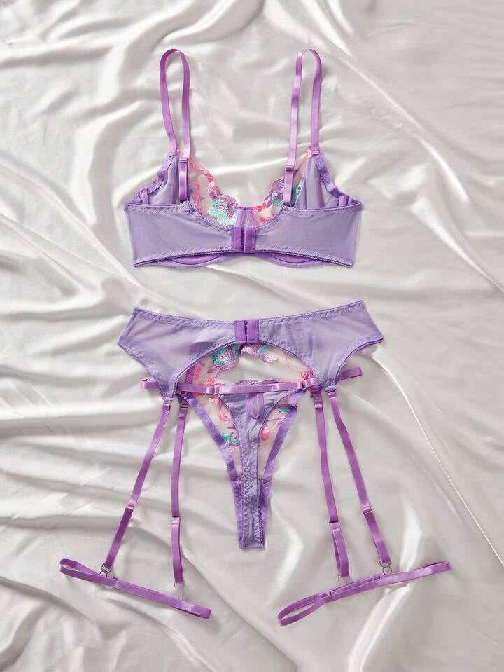 Purple Lingerie Set Floral Embroidered Lace Garter Belt