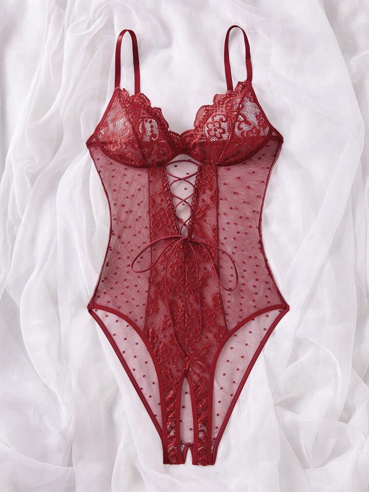 Red Lace Bodysuit Crotchless Lingerie