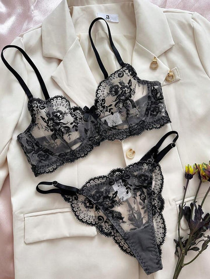 Black Lingerie Embroidered Floral Set Sheer Lace