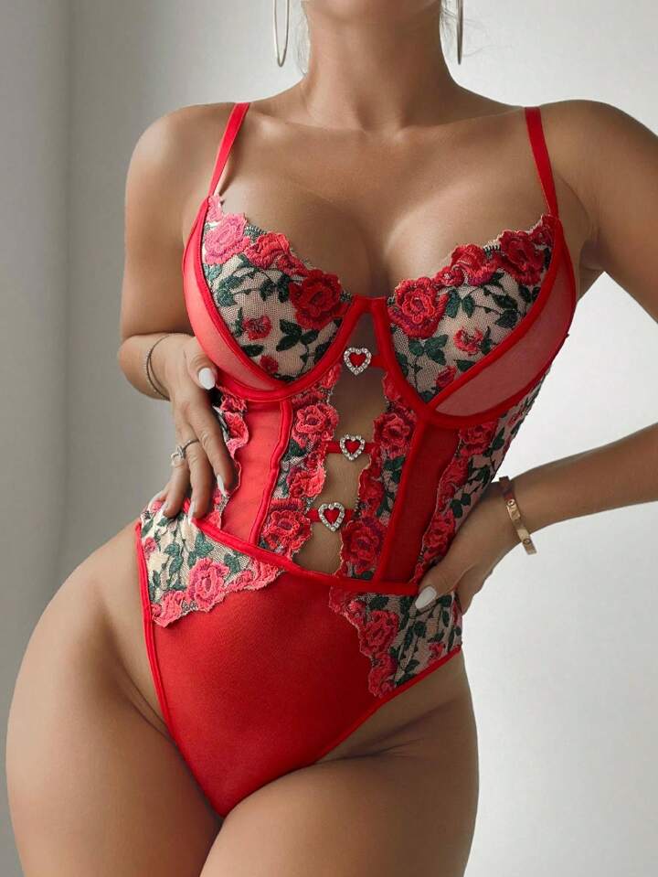 Red Lace Bodysuit Lingerie Embroidered