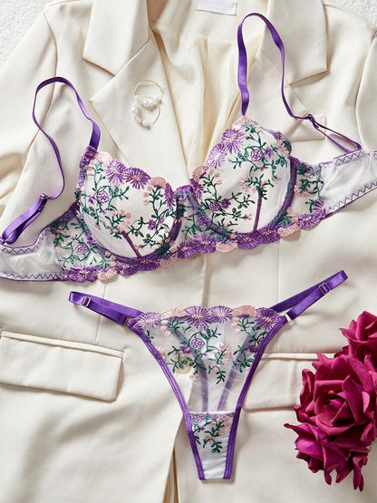 purple lingerie set embroidered