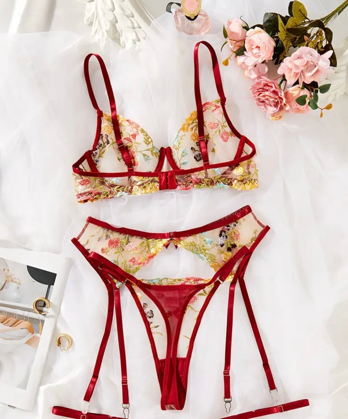Red Lingerie Set Floral Embroidery - Self Care Shop