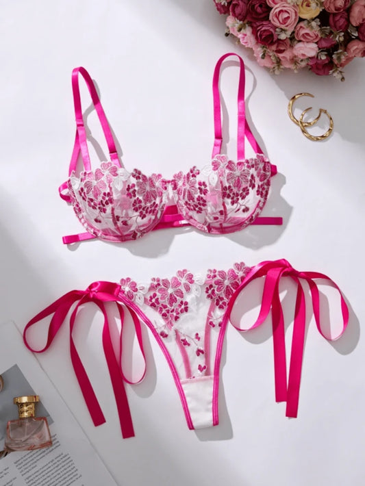 pink floral lingerie embroidered with bow straps