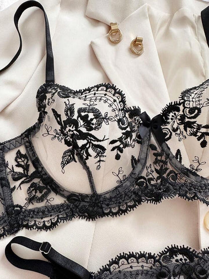 Black Lingerie Embroidered Floral Set Sheer Lace