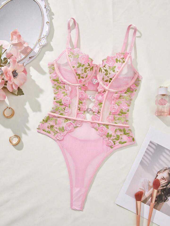 pink floral lingerie bodysuit embroidered