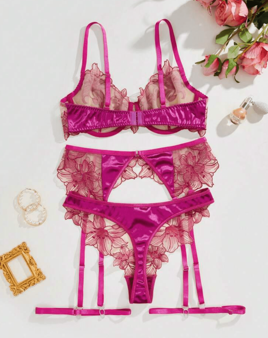 silk hot pink lingerie set garter 