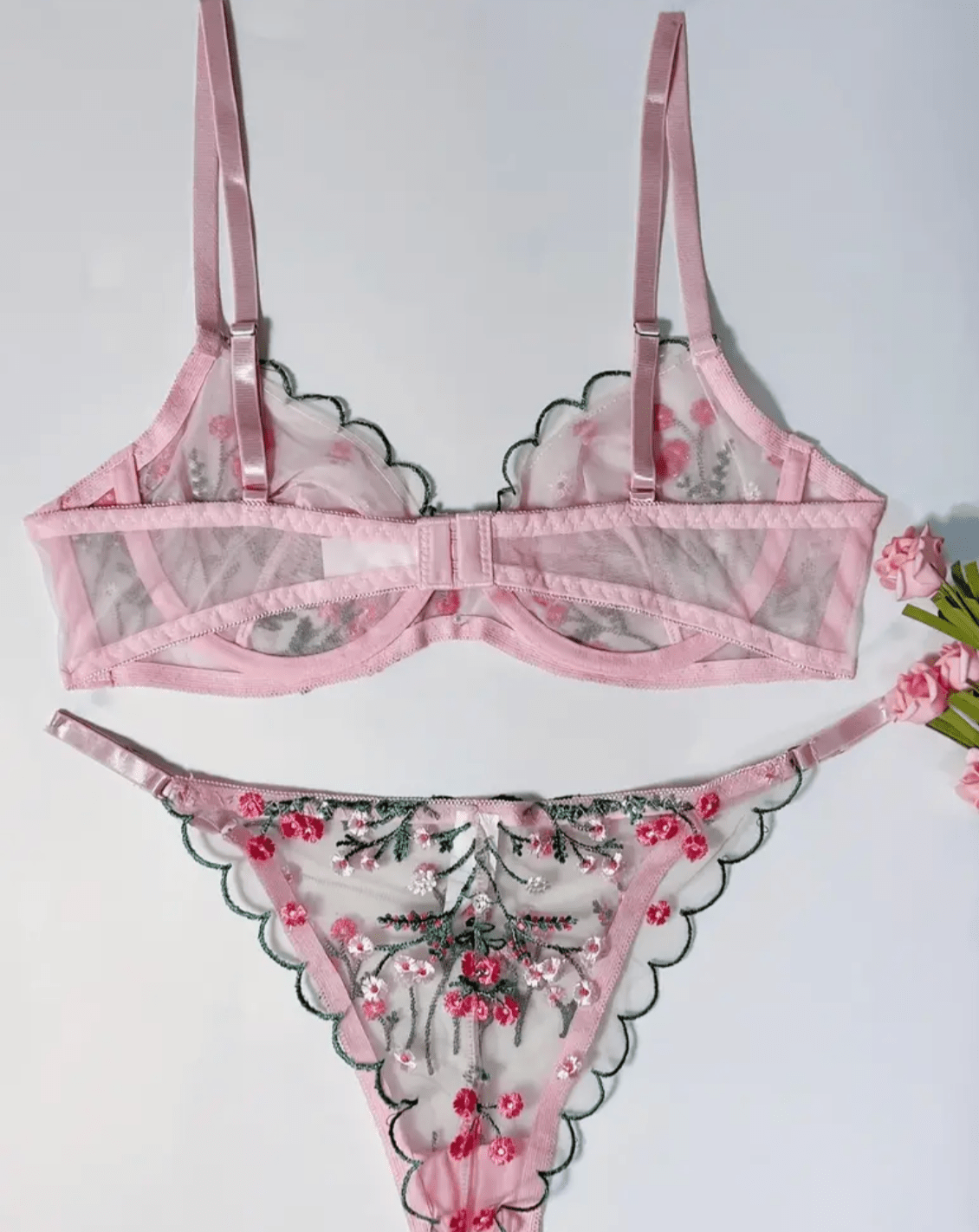 pink lingerie set floral embroidery