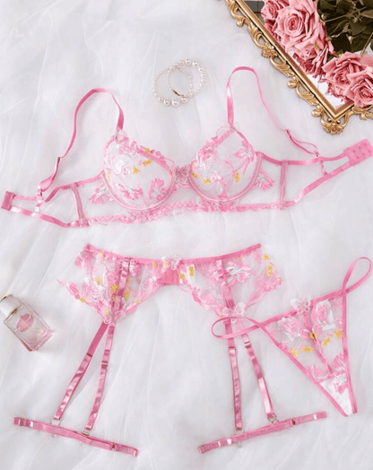 pink lace lingerie garter set