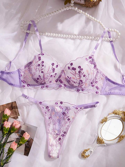 purple lingerie sheer floral embroidery