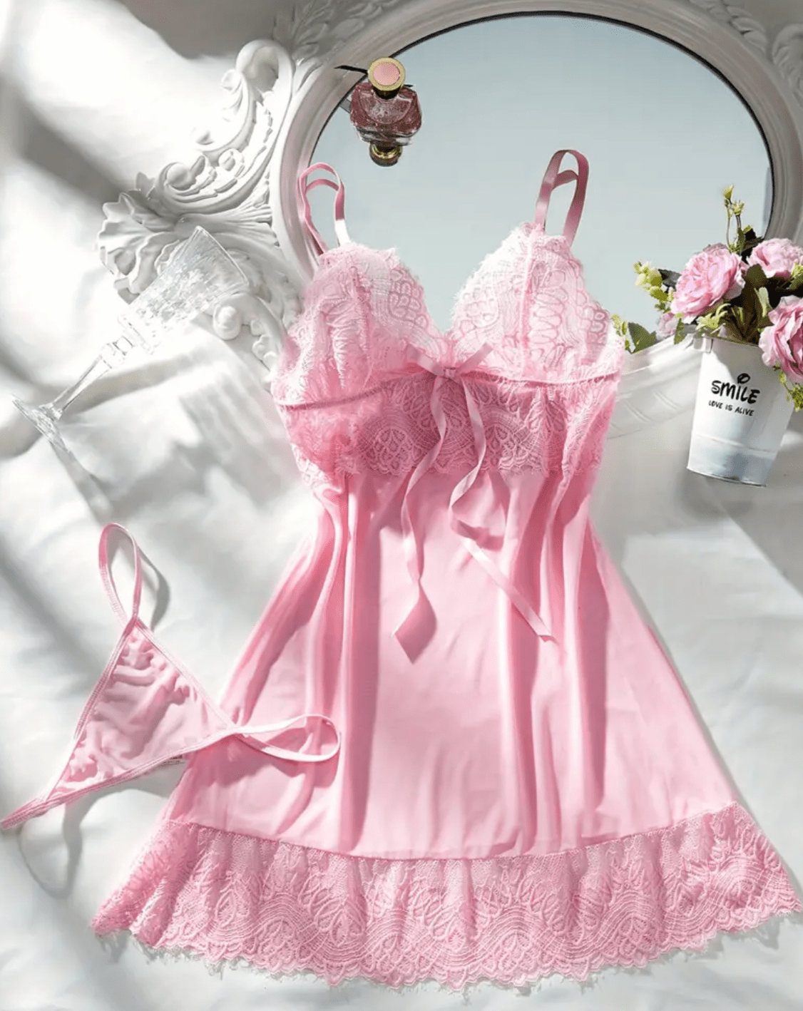 pink lace negligees lingerie dress with thong