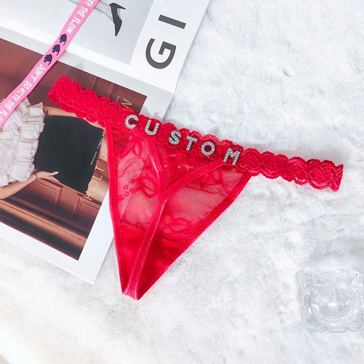 custom thong with rhinestone letters