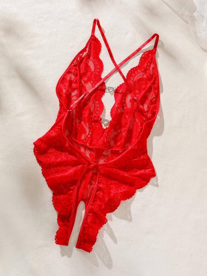 Crotchless Lingerie Red Lace Bodysuit sheer lace