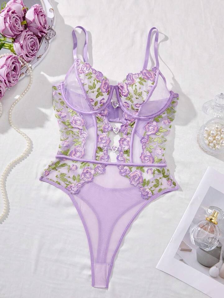 Purple lingerie floral lace bodysuit