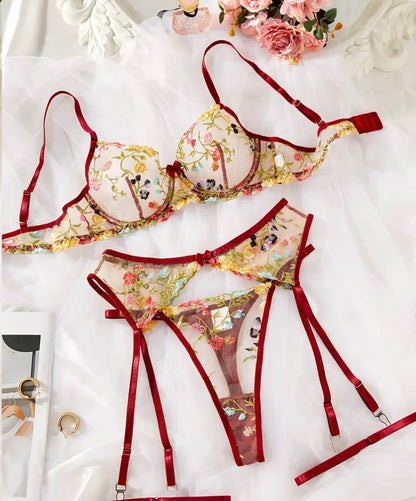Red lingerie set floral embroidery