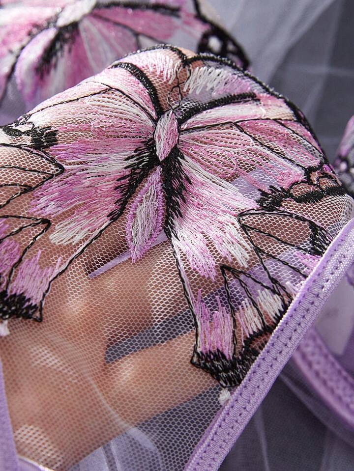 purple sexy underwear embroidered butterfly lace