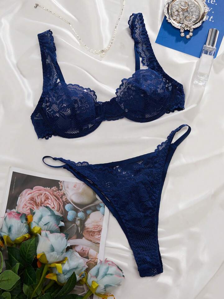 blue lingerie set mesh lace