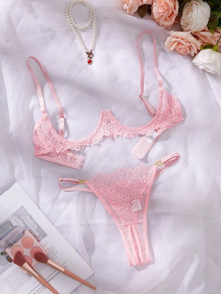 Open Cup Lingerie Pink Underwire Set Crotchless Sexy Underwear