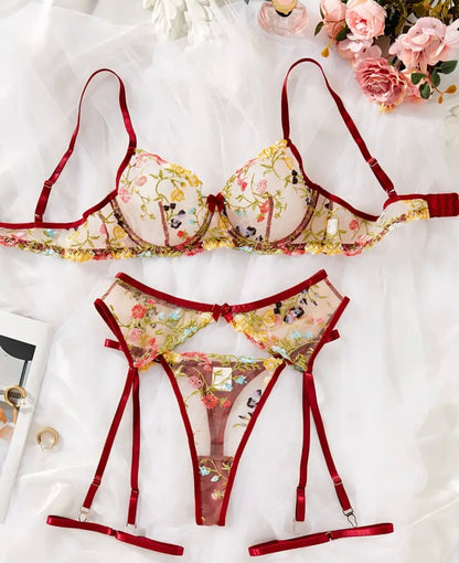 Red lingerie set classy embroidered