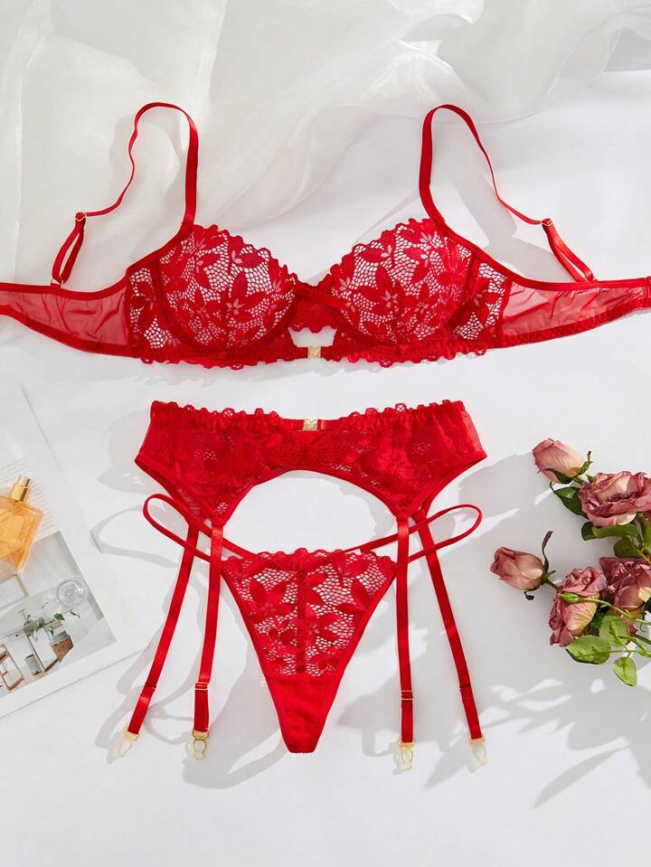 red lingerie set garter lace