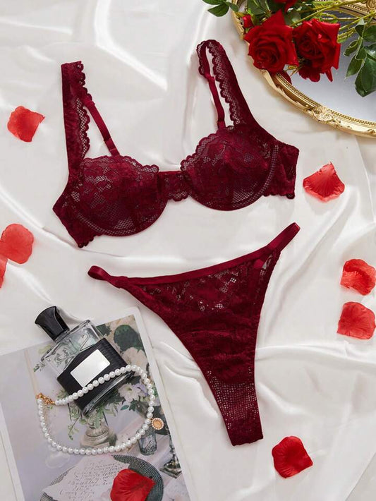 burgundy lingerie set sheer mesh