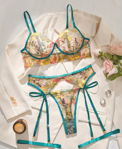 Green Lingerie Set Floral Embroidered