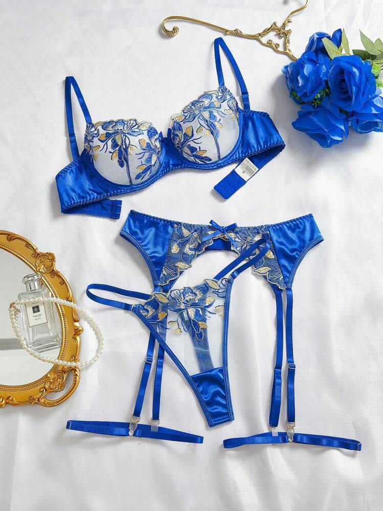 blue silk lingerie with garter belt