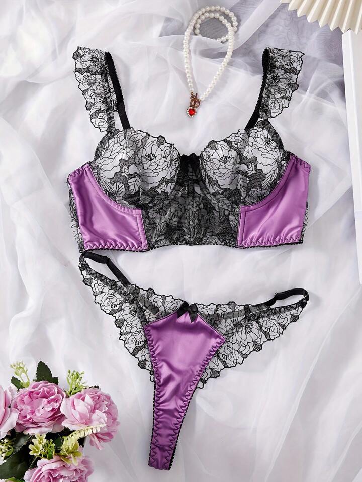 Black Lace Bustier Set with Purple Silk