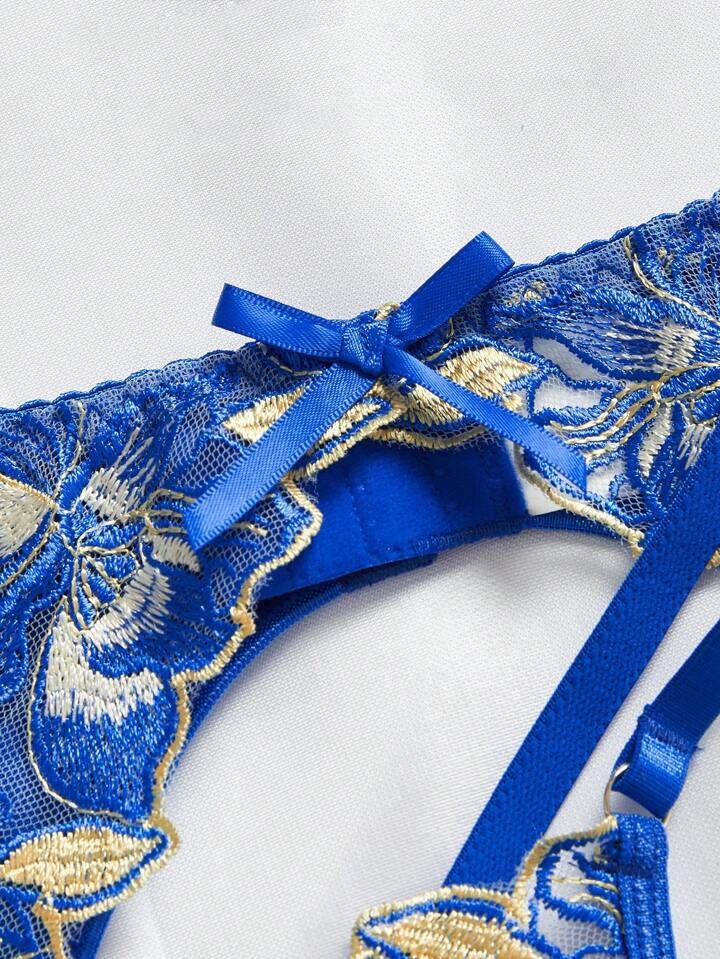 blue silk garter belt gold embroiered lace