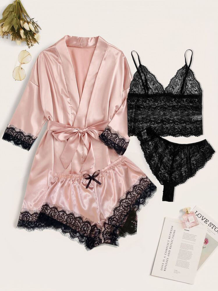 Pink Lace Lingerie Sexy Sleepwear With Silk Satin Belted Robe self care set gift