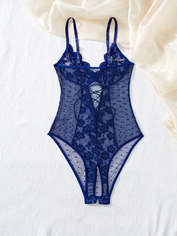 Blue Lace Crotchless Bodysuit