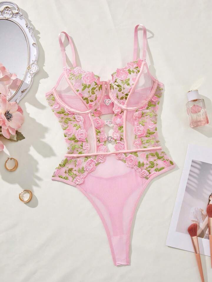 pink floral lingerie bodysuit