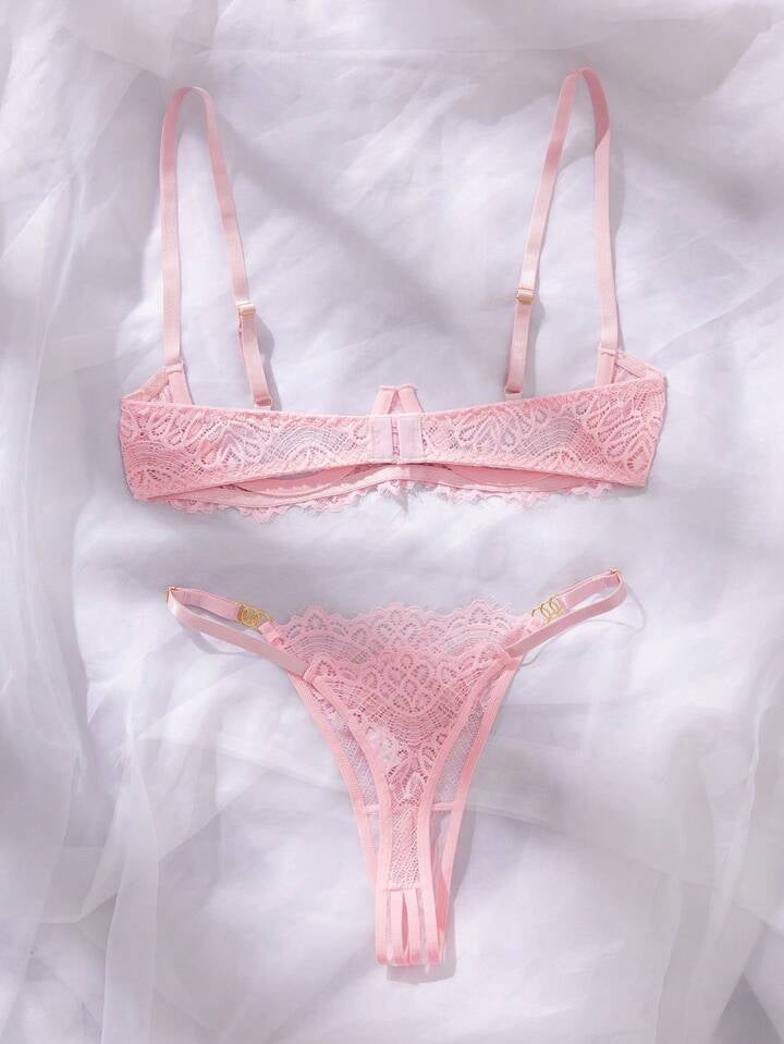 Lingerie Pink Underwire Set Crotchless Sexy Underwear