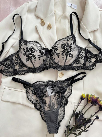 Black Lingerie Embroidered Floral Set Sheer Lace